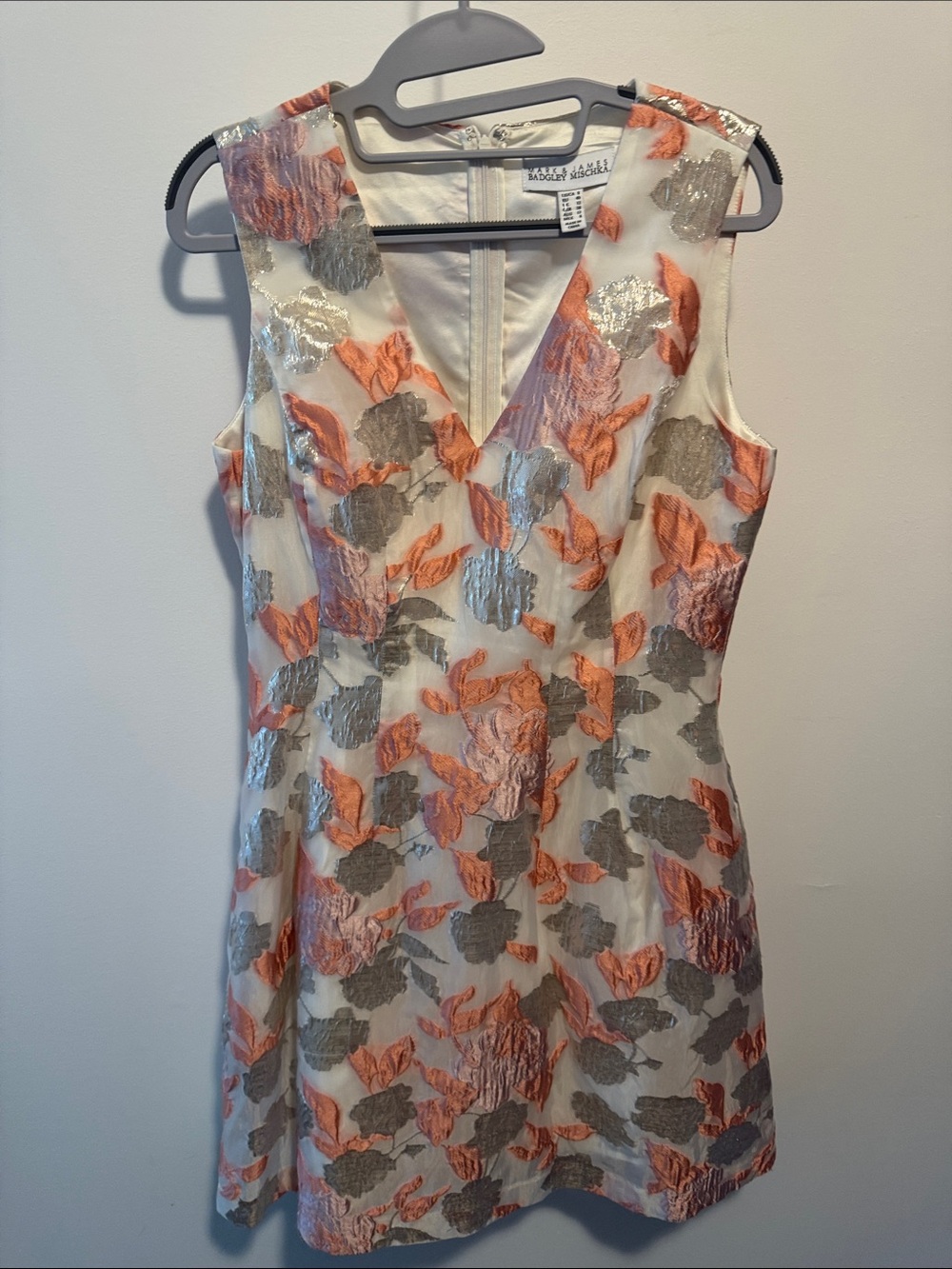Badgley Mischka Coral & Silver Floral V-Neck Jacquard Mini Dress